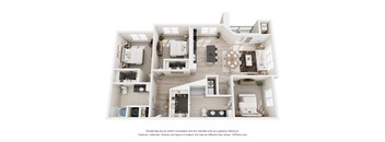 A 3D floor plan of a house with multiple rooms.