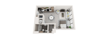 A floor plan of a small apartment with a kitchen, living room, and bathroom.