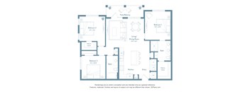 A floor plan of a house with three bedrooms, a living room, a dining room, a kitchen, and a bathroom.