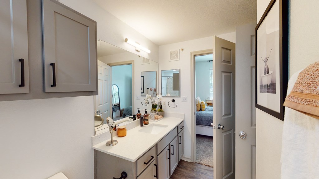 a bathroom with a sink and a mirror and a door to a bedroom