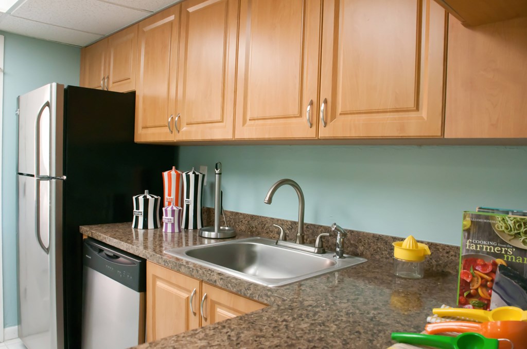 A kitchen with a sink and a refrigerator.