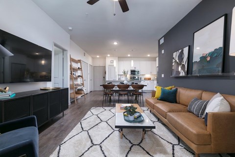 A modern living room with a brown leather couch and a black and white rug.