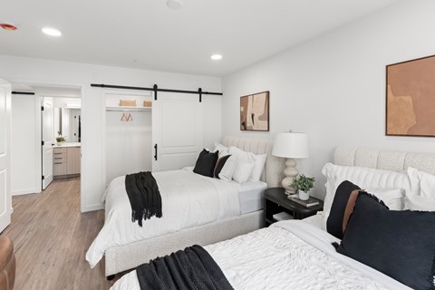 A bedroom with two beds and a couch.