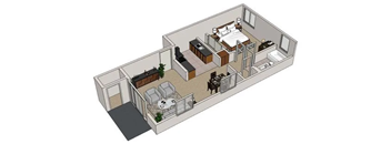 A drawing of a house with a bedroom, living room, and kitchen.
