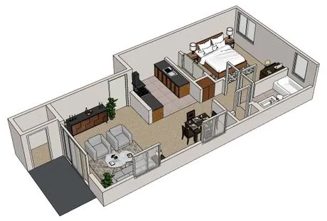 A drawing of a house with a bedroom, living room, and kitchen.
