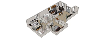 A 3D diagram of a house layout with a kitchen, living room, dining room, and two bedrooms.