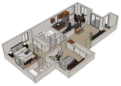 A 3D diagram of a house layout with a kitchen, living room, dining room, and two bedrooms.