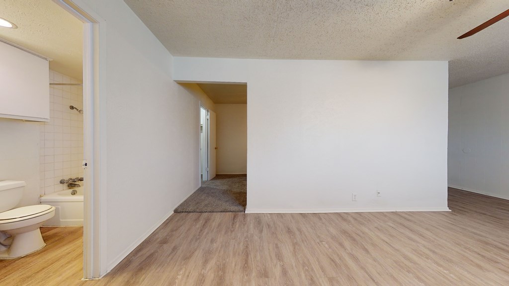 A bathroom with a toilet and a wooden floor.