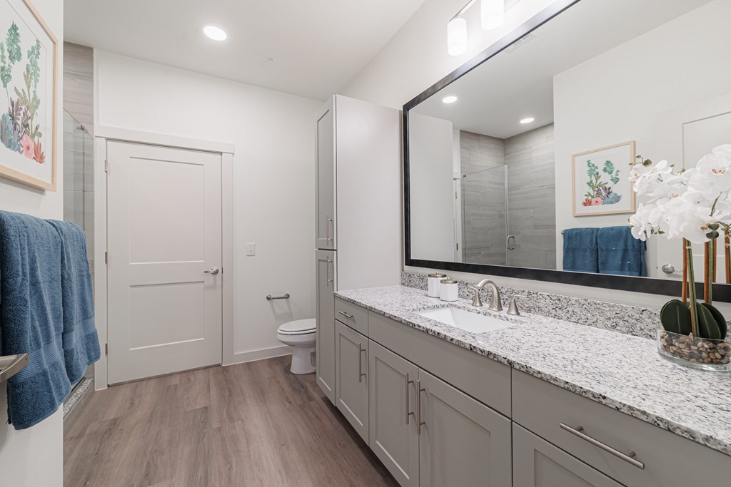 A bathroom with a toilet, sink, and mirror.