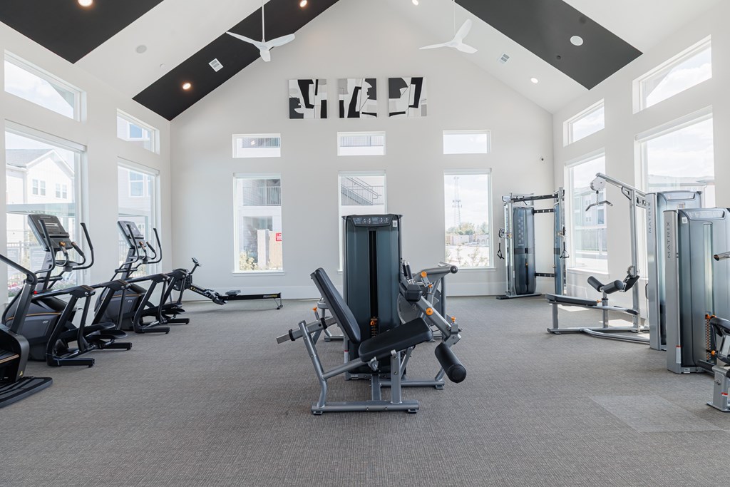 A gym with a variety of equipment including treadmills, weights, and exercise machines.