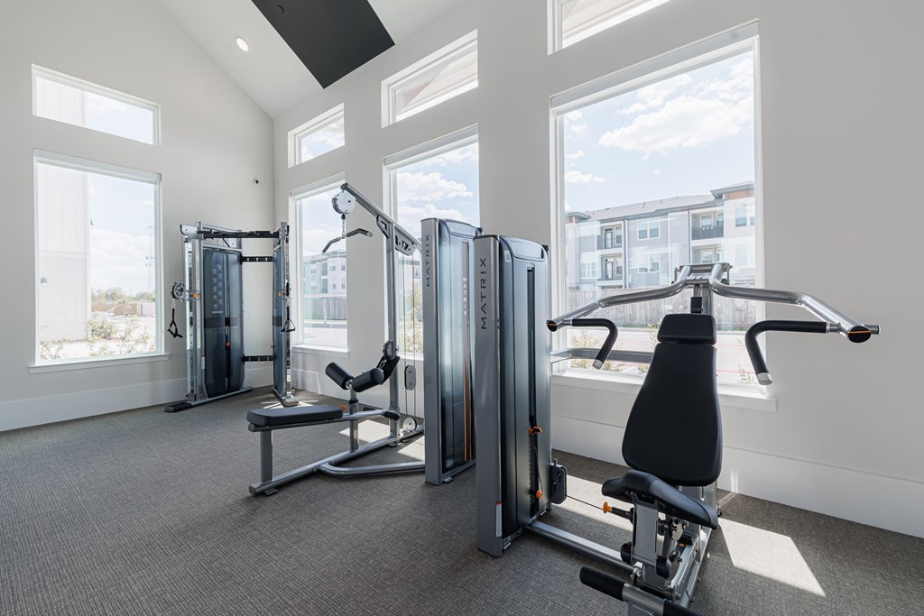 A gym with a variety of equipment including a leg press machine, a chest press machine, and a rowing machine.