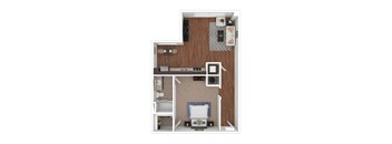 a stylized floor plan with a bedroom and a bathroom