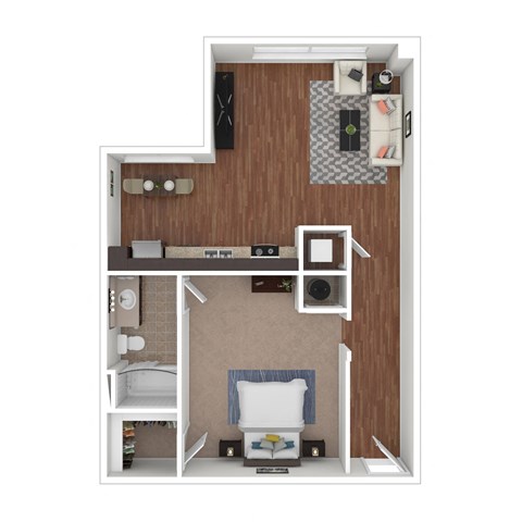 a stylized floor plan with a bedroom and a bathroom