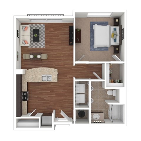 a stylized floor plan with a bedroom and a bathroom