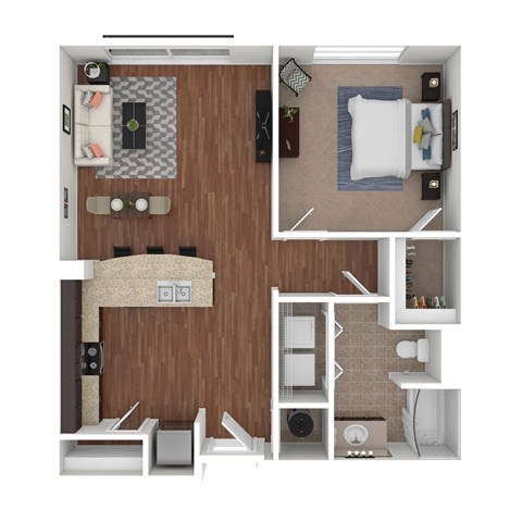a stylized floor plan with a bedroom and a bathroom