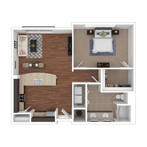 a stylized floor plan with a bedroom and a bathroom