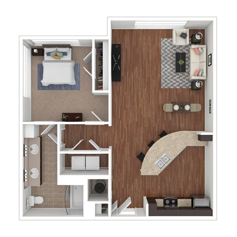 a stylized floor plan with a bedroom and a bathroom
