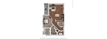 a stylized floor plan with a bedroom and a living room