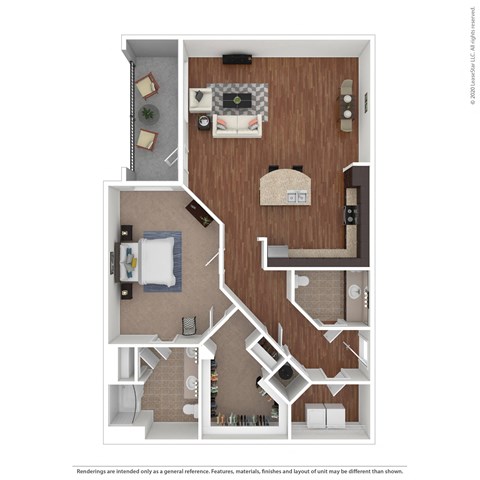 a stylized floor plan with a bedroom and a living room