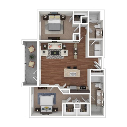 a stylized floor plan with bedrooms and a living room