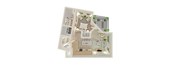 a stylized floor plan of a house with a bedroom and living room