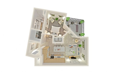 a stylized floor plan of a house with a bedroom and living room