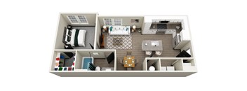 a spacious two bedroom apartment with two bathrooms and a living room with a kitchen and dining area