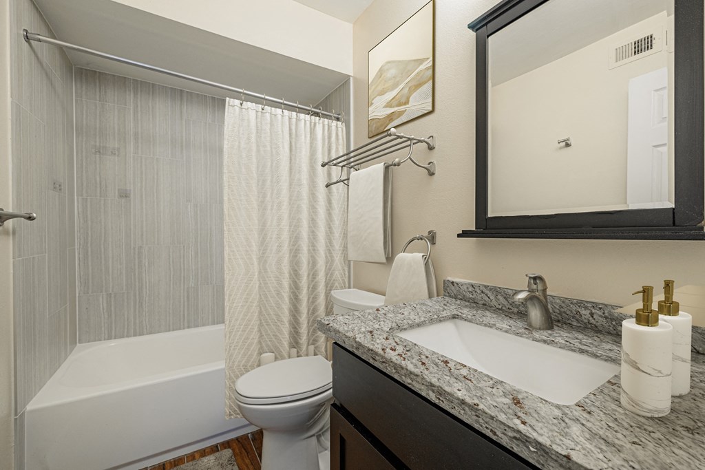 a bathroom with a sink toilet and shower