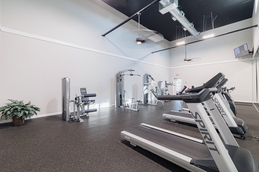 A gym with treadmills and other exercise equipment.