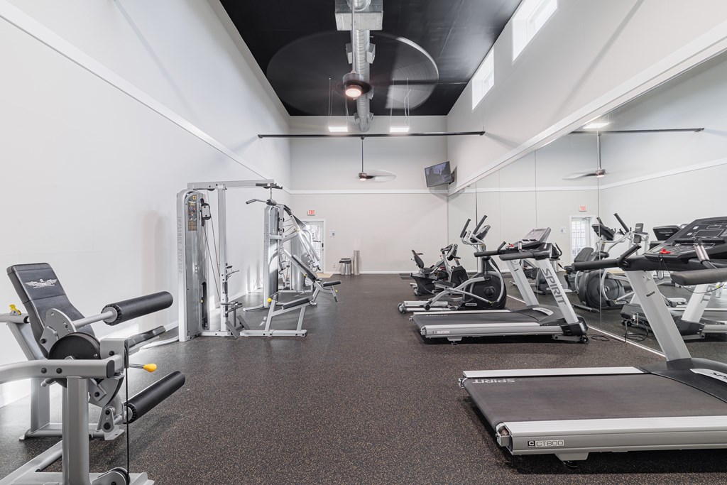 A gym with treadmills, elliptical machines, and other cardio equipment.