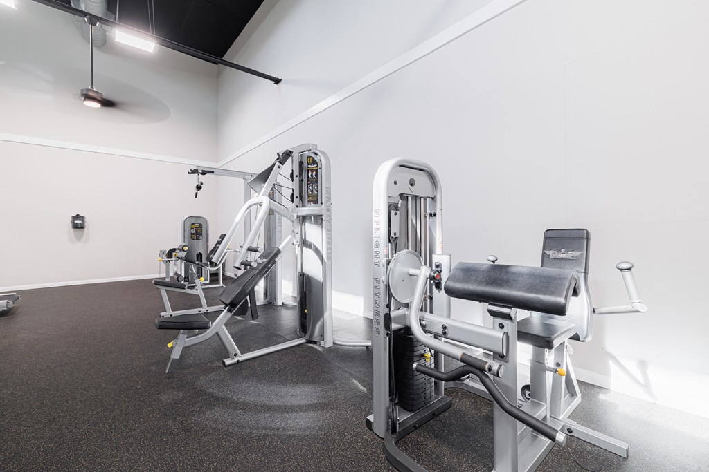 A gym with a row of exercise machines.