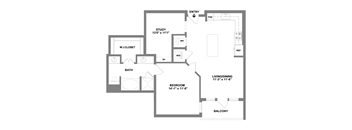 A floor plan of a house with a study, bathroom, bedroom, and balcony.