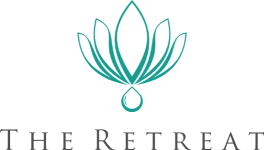 the retreat logo with a water drop on a green background