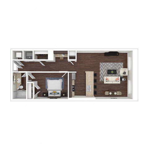 a bedroom floor plan with a bathroom and a living room