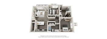 A floor plan of a small apartment with a kitchen, living room, and two bedrooms.