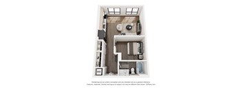 A 3D floor plan of a small apartment with a kitchen, living room, and bathroom.