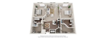 a 3d floor plan of a room with furniture and a balcony