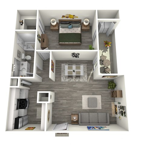 a 3d rendering of our 1 bedroom apartment at princeton court apartments in dallas