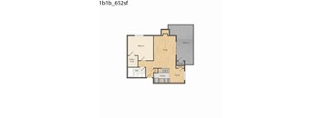 A floor plan of a 1 bedroom, 1 bathroom apartment with a living room and balcony.