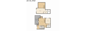 A floor plan of a two-story home with two bedrooms, a living room, a kitchen, a pantry, a storage area, and a balcony.