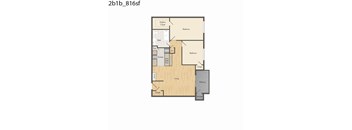 A floor plan of a house with two bedrooms, a living room, a kitchen, a bathroom, a storage area, and a balcony.
