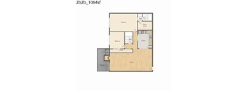 A floor plan of a two bedroom apartment with a living area, kitchen, bathroom, and storage.