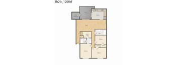A floor plan of a 3 bedroom apartment with a living room, kitchen, balcony and bathroom.
