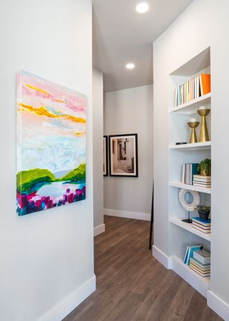 walk way with bookshelf storage