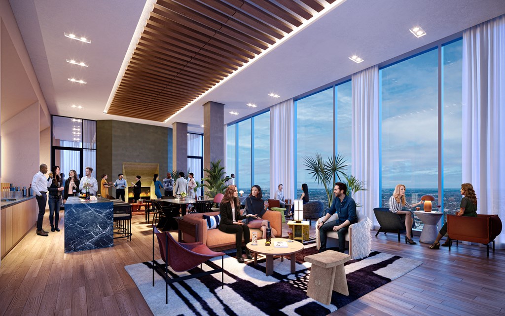 a rendering of the lobby of a hotel with people sitting at tables