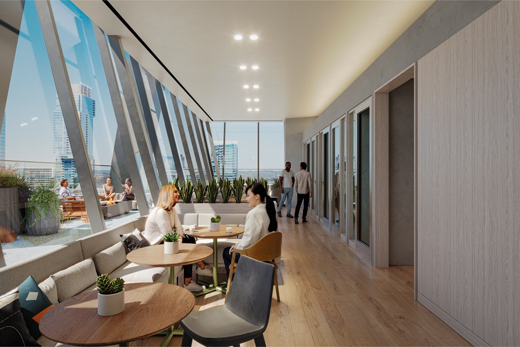 a rendering of people sitting at tables in a room with large windows