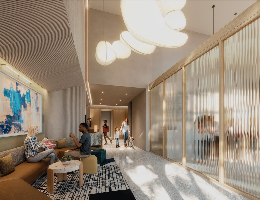 a rendering of a lobby with people sitting on couches and tables