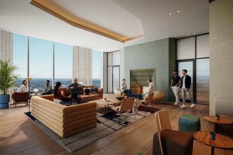 a rendering of a living room with a group of people in it