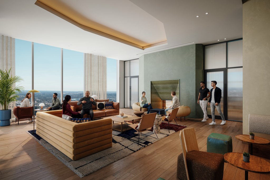 a rendering of a living room with a group of people in it