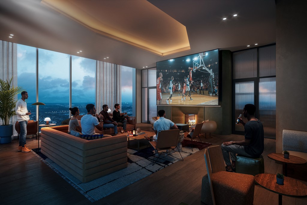 a rendering of a living room with people watching a movie on a large screen